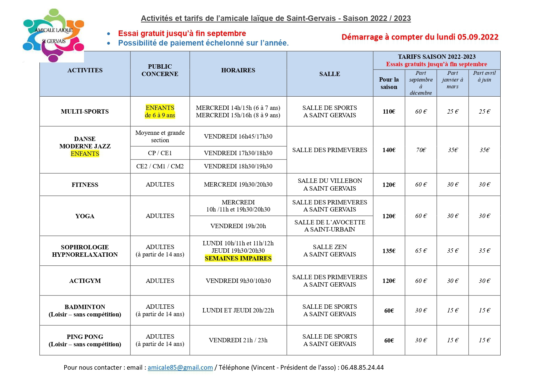 Activités et tarifs de l’amicale laïque de Saint-Gervais - Saison 2022 / 2023