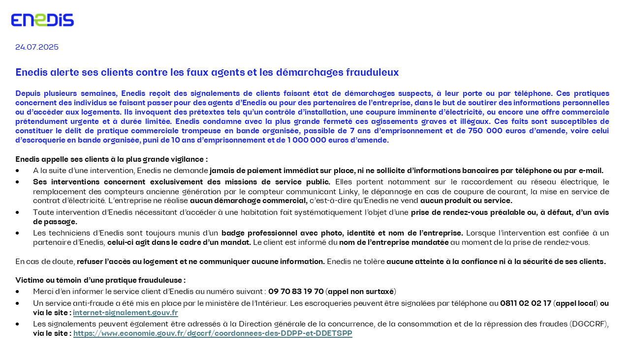 ENEDIS DEMARCHAGES FRAUDULEUX