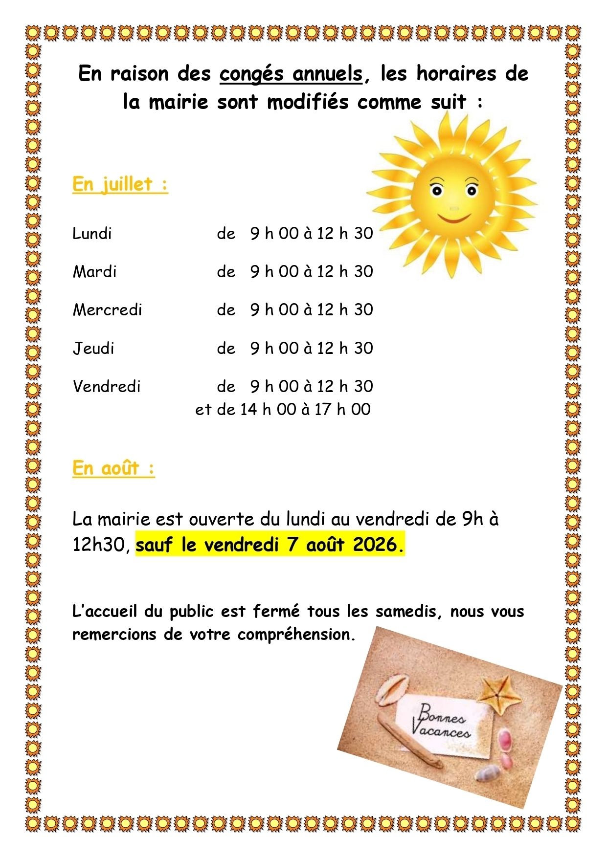 fermeture mairie été 2026