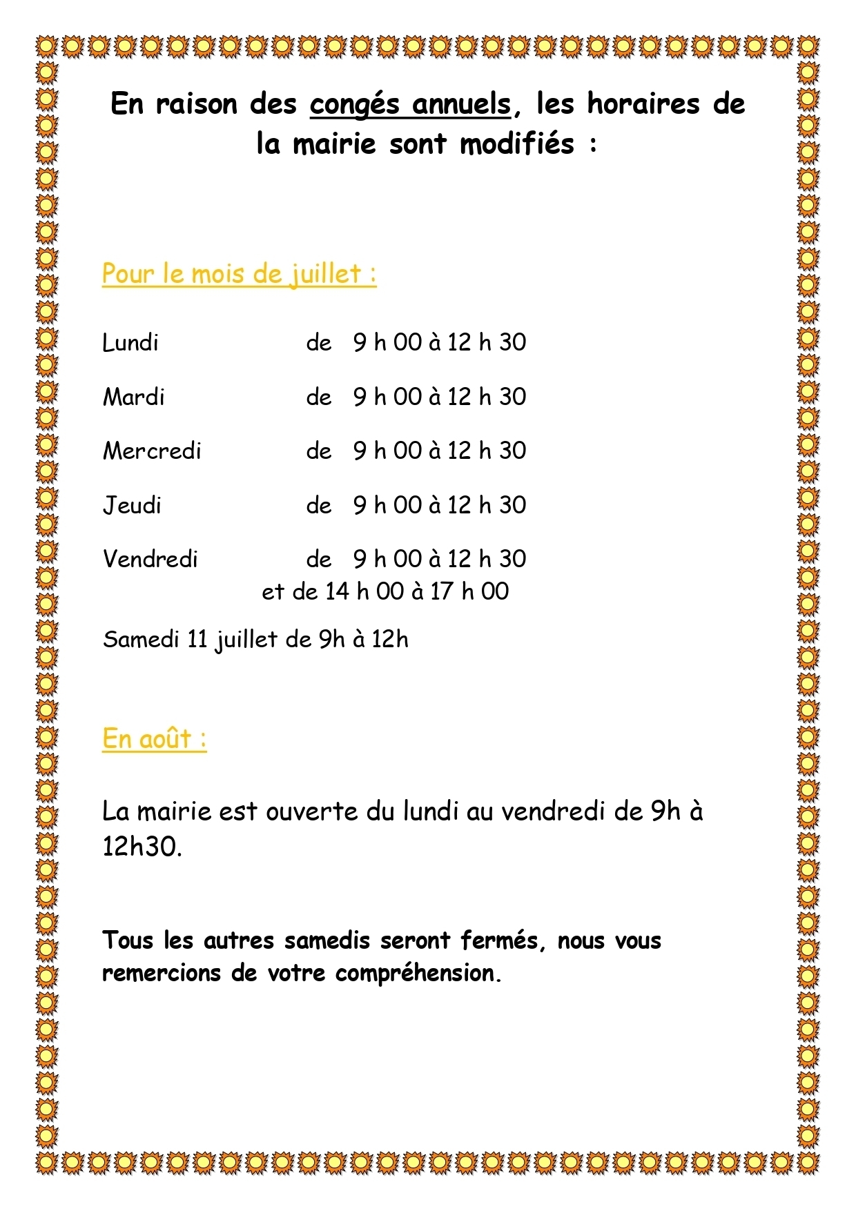 horaire été 2026