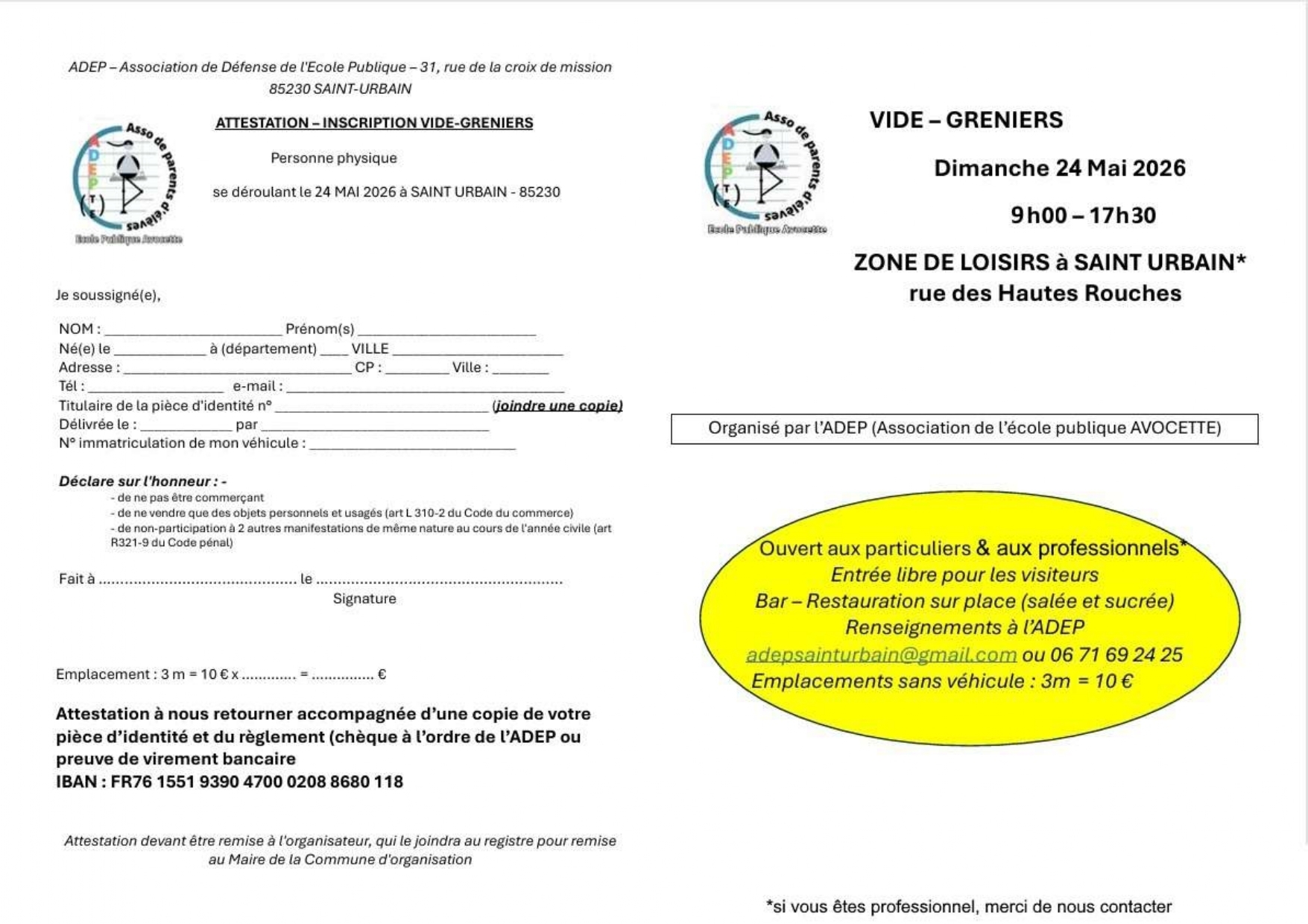 Inscription vide grenier ADEP 2026-1