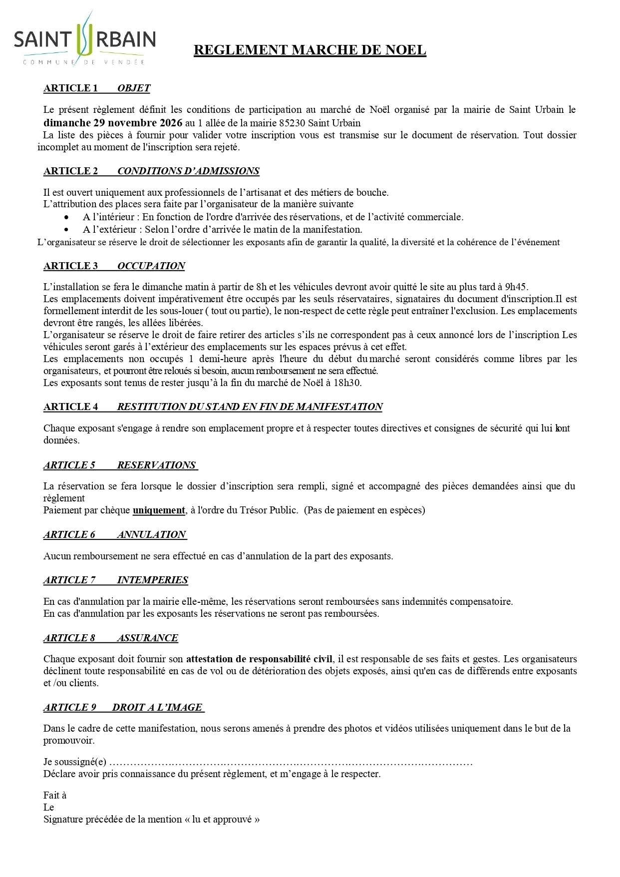 Marché Noel 2026 - Règlement
